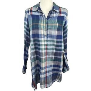Soft Surroundings Blue Plaid Button Down Shirt Size M Cotton
